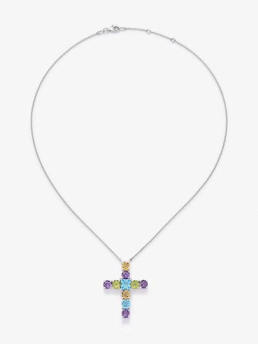 Colgante con cruz de plata 925 con gemas multicolor