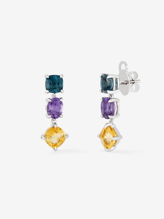Pendientes largos de plata 925 de topacio, amatista y citrino