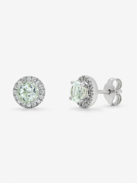 Pendientes de boton de oro blanco de 18K con amatista verde y diamante