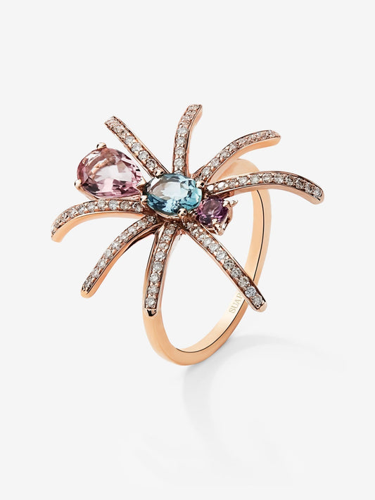 Anillo insecto de oro rosa de 18K con diamante y turmalina