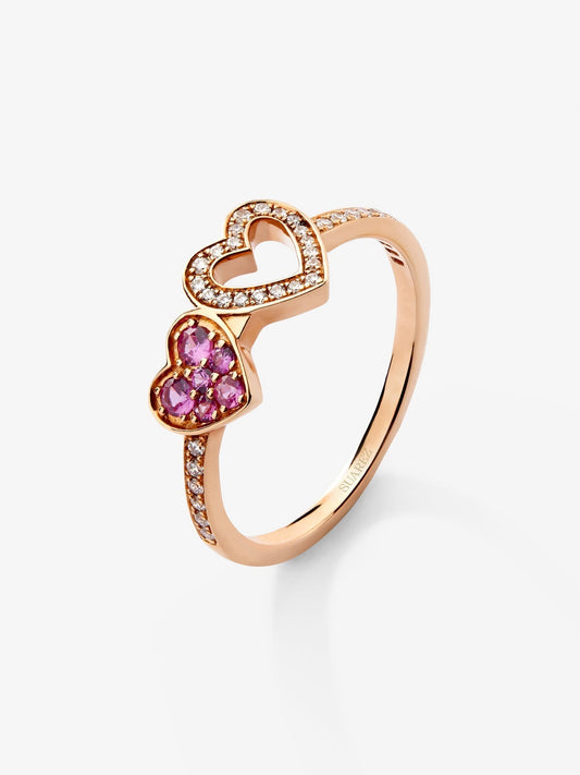 Anillo de corazones de oro rosa de 18kt con diamantes y zafiros rosas