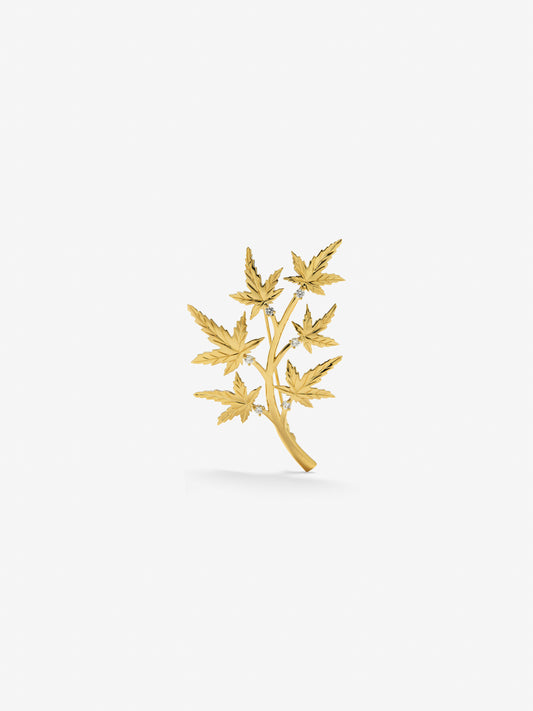 18K Yellow Gold Brooch with 6 Brilliant-Cut Diamonds Totaling 0.36 cts and Maple Branch Shape