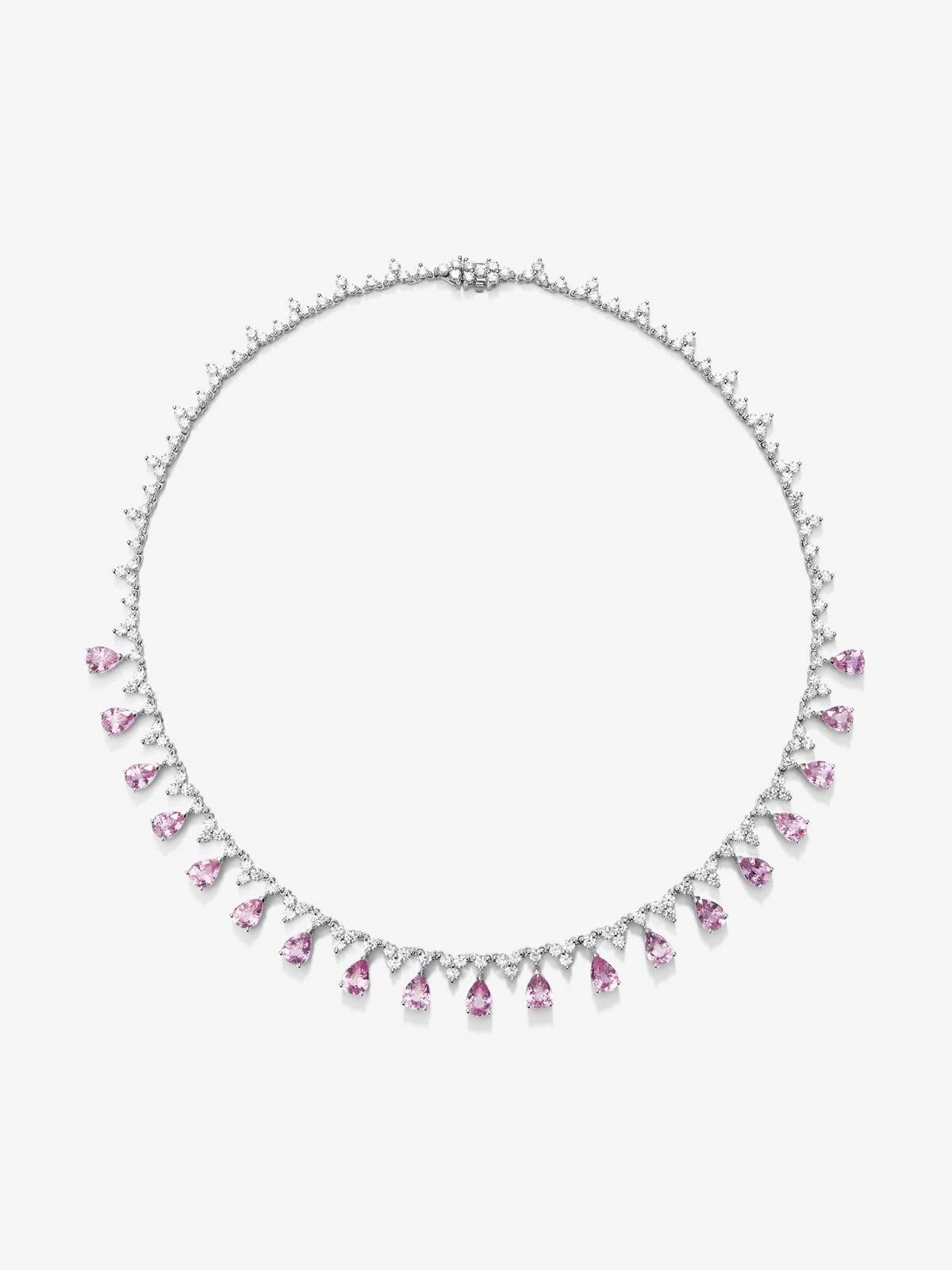 Collar rivière de oro blanco de 18K con 19 zafiros rosas en talla pera con un total de 16,03 cts y 161 diamantes en talla redonda con un total de 8,85 cts