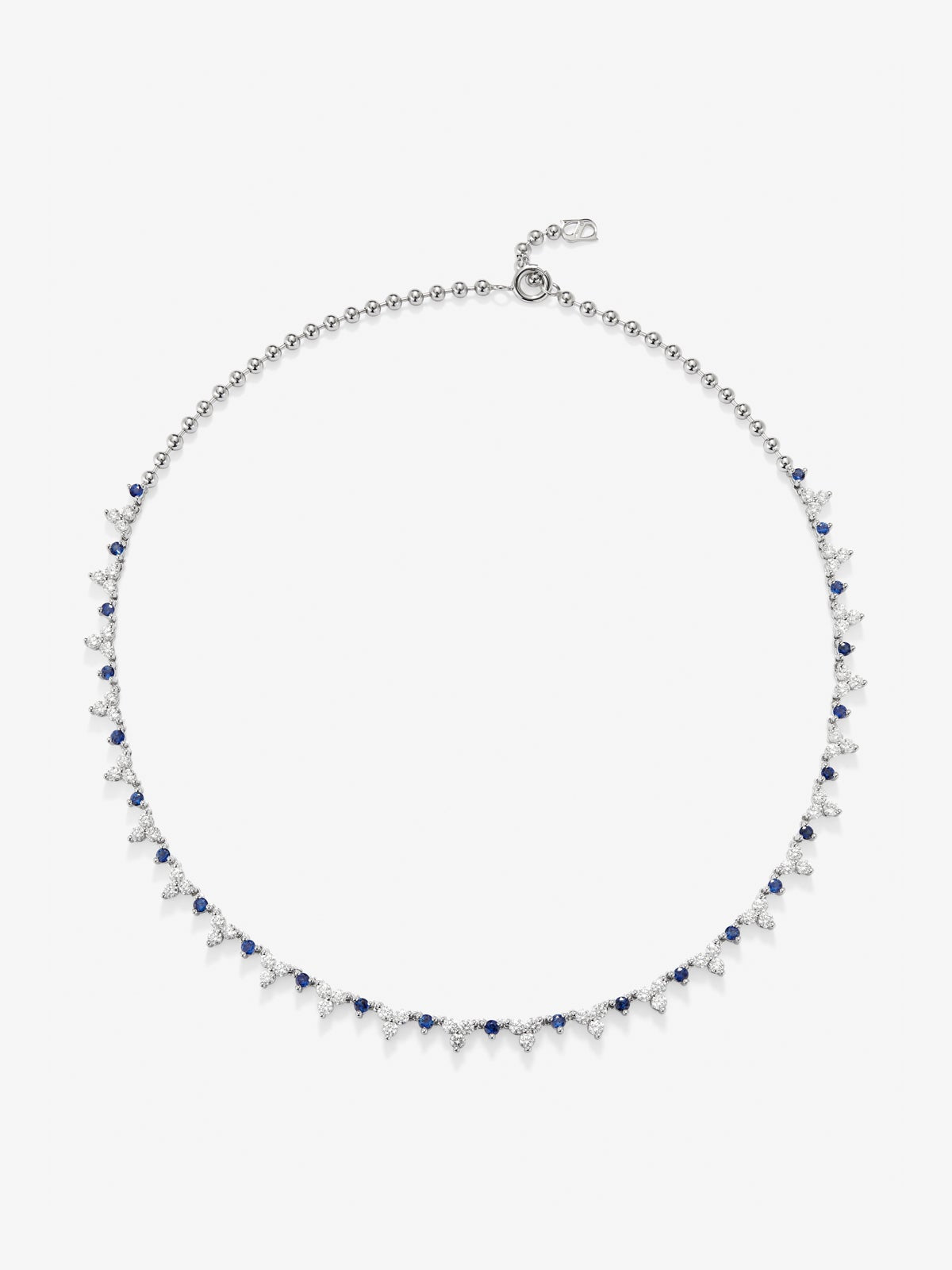 Collar rivière de oro blanco de 18K con 25 zafiros azules en talla brillante con un total de 1,7 cts y 72 diamantes en talla brillante con un total de 3,97 cts