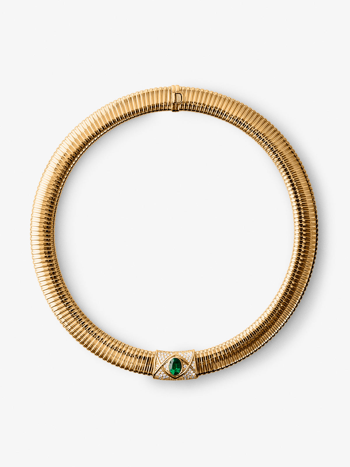 Collar tubogas de oro amarillo de 18K con esmeralda en talla oval de 2 cts y 111 diamantes en talla brillante con un total de 1,4 cts