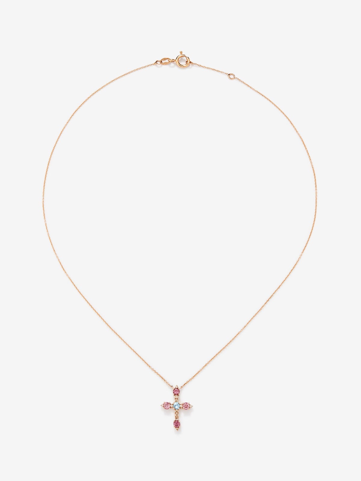 Colgante cadena cruz de oro rosa de 18K con turmalina y diamante