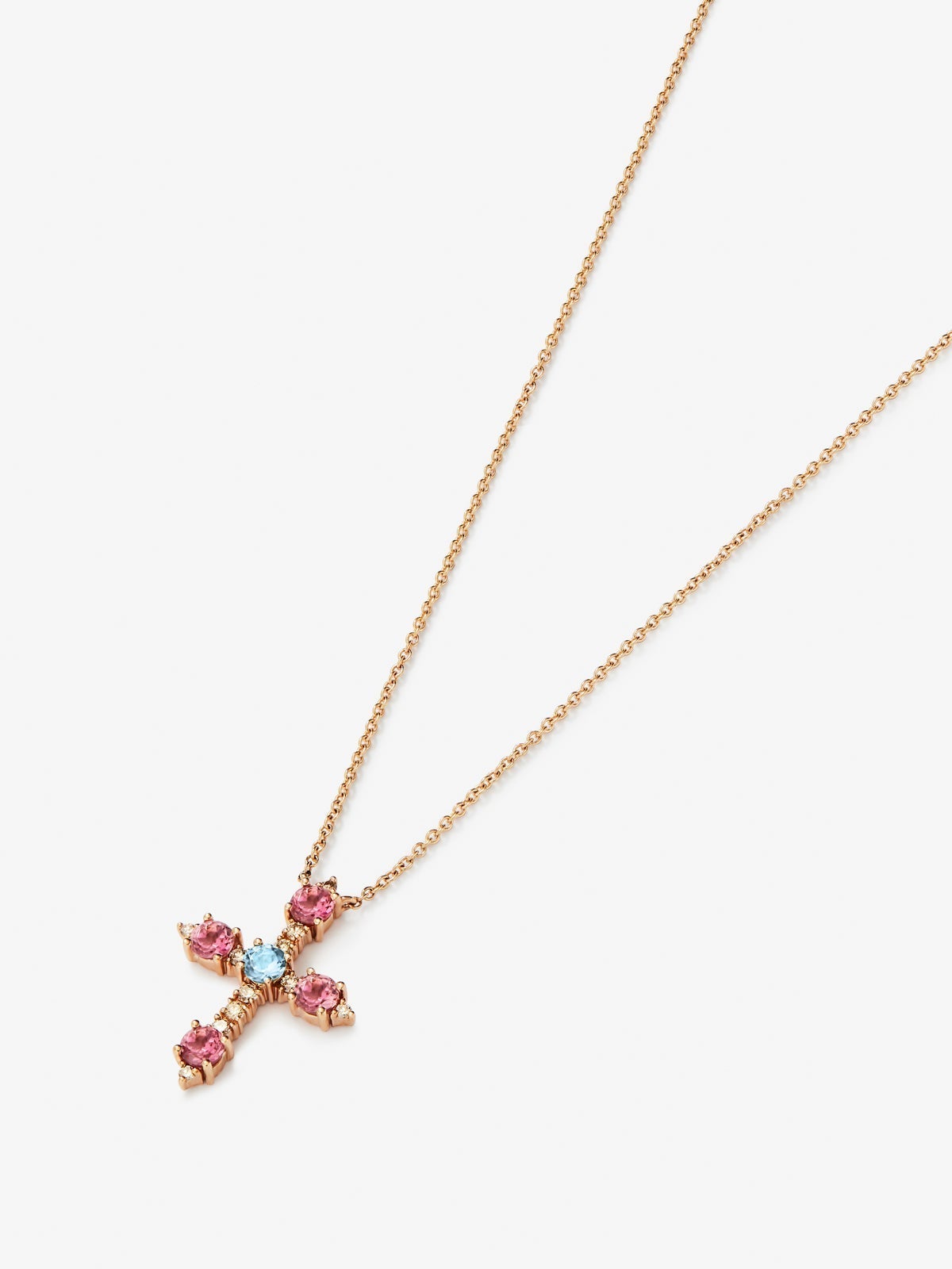 Colgante cadena cruz de oro rosa de 18K con turmalina y diamante