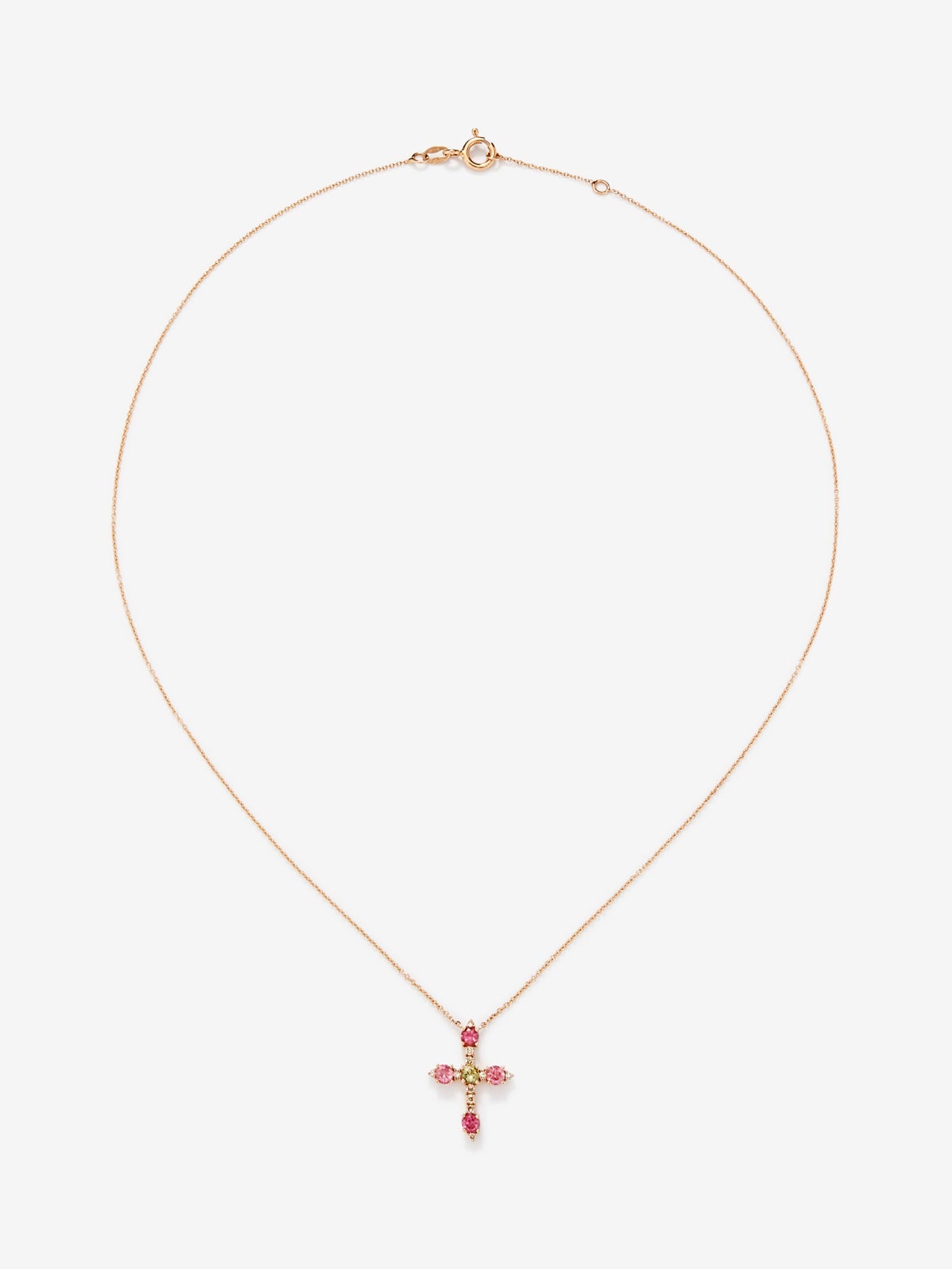 Colgante cadena cruz de oro rosa de 18K con turmalina y diamante