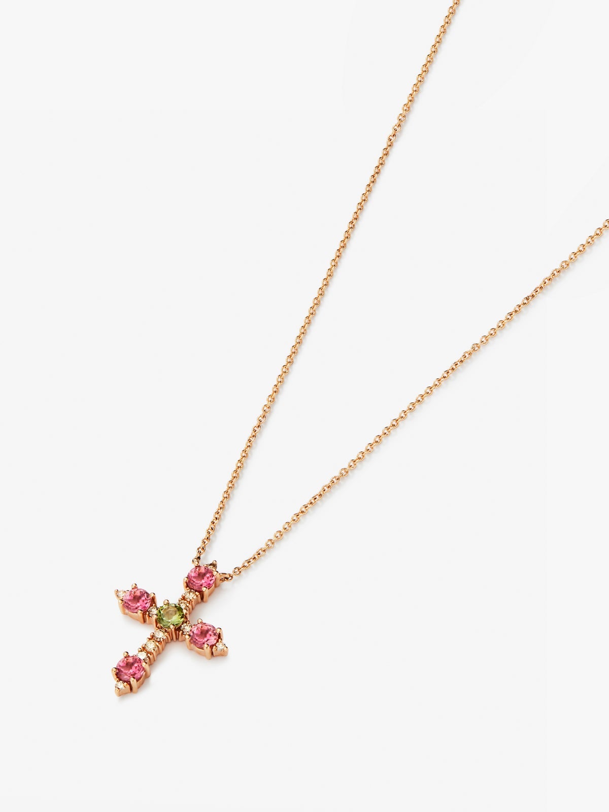 Colgante cadena cruz de oro rosa de 18K con turmalina y diamante