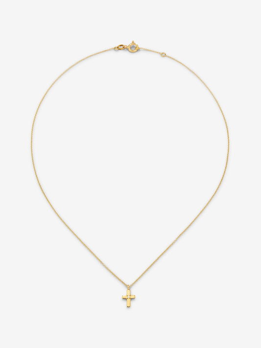 Colgante de oro amarillo de 18K con cruz pequeña y diamante en talla brillante de 0,01 cts