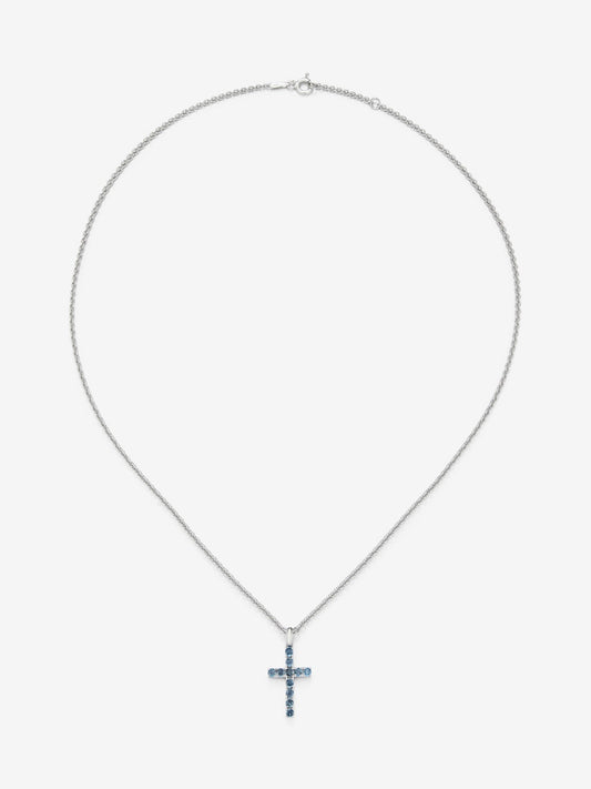 Colgante de cruz de plata 925 con 11 topacios azul london en talla brillante con un total de 0,49 cts
