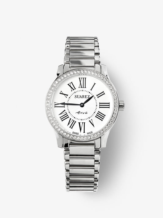 Reloj de acero inoxidable y diamantes blancos en talla brillante, con cristal de zafiro y movimiento de cuarzo