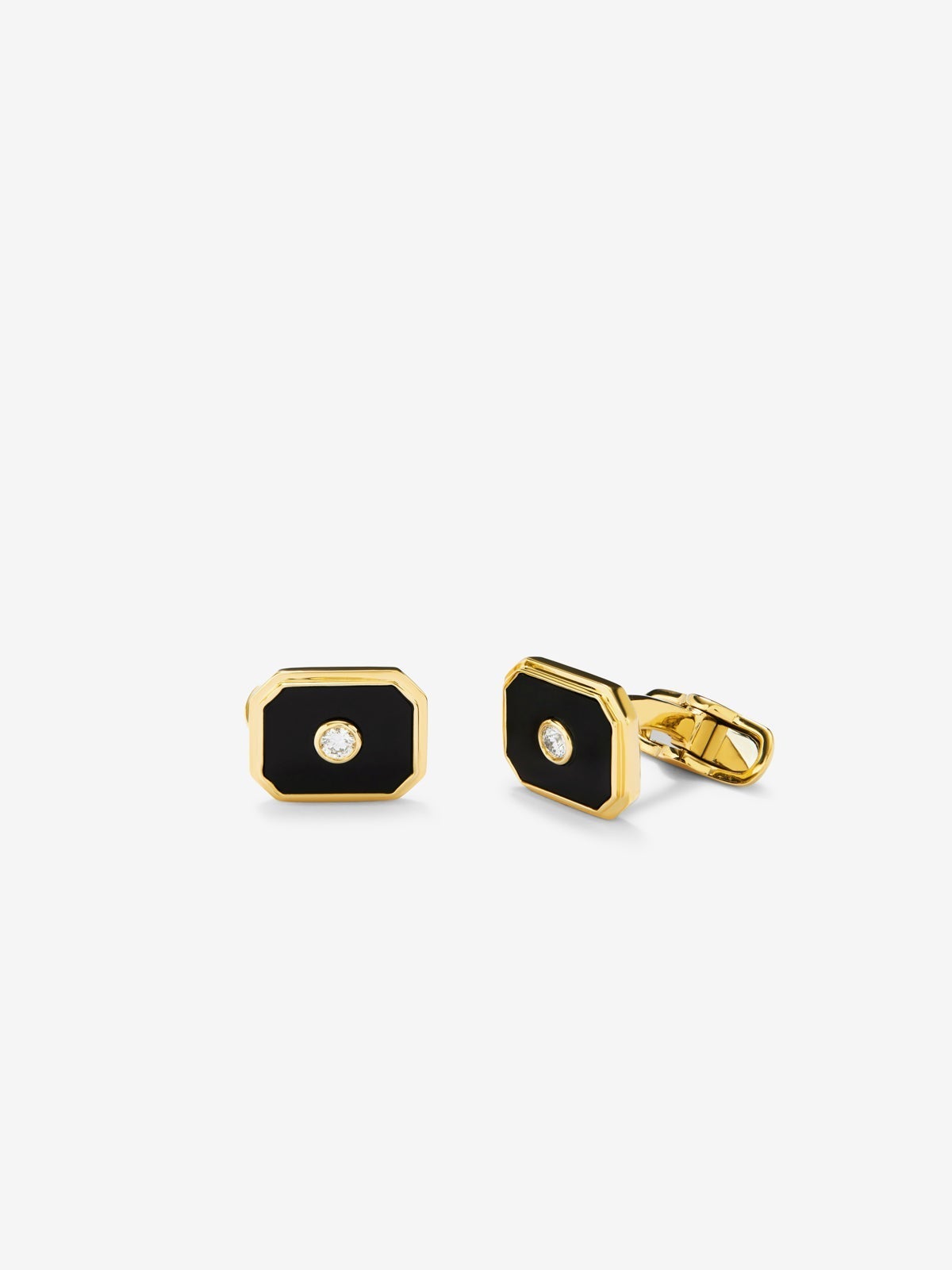 Gemelos de oro amarillo de 18K con ónix negro de 3,25 cts y diamantes blancos de 0,12 cts