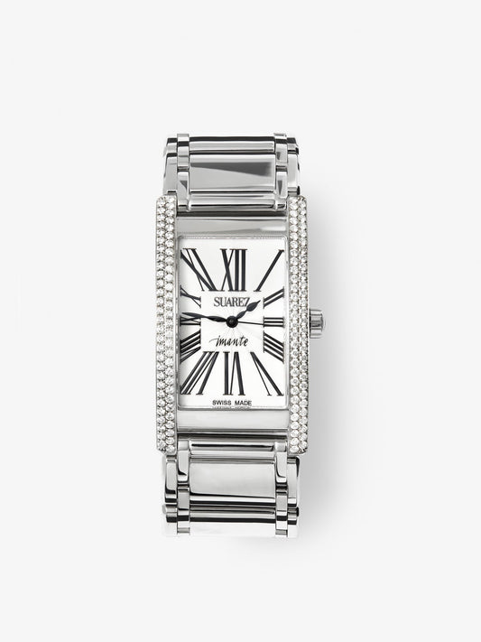 Reloj de acero inoxidable con diamantes blancos en talla brillante, cristal de zafiro y movimiento de cuarzo