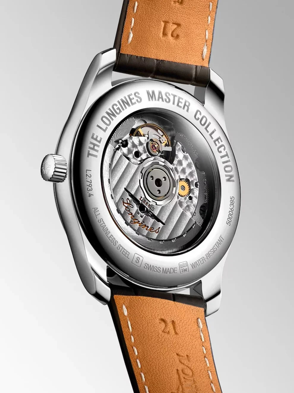 Reloj Longines Master de acero inoxidable con correa de piel de caimán marrón, cristal de zafiro y movimiento automático