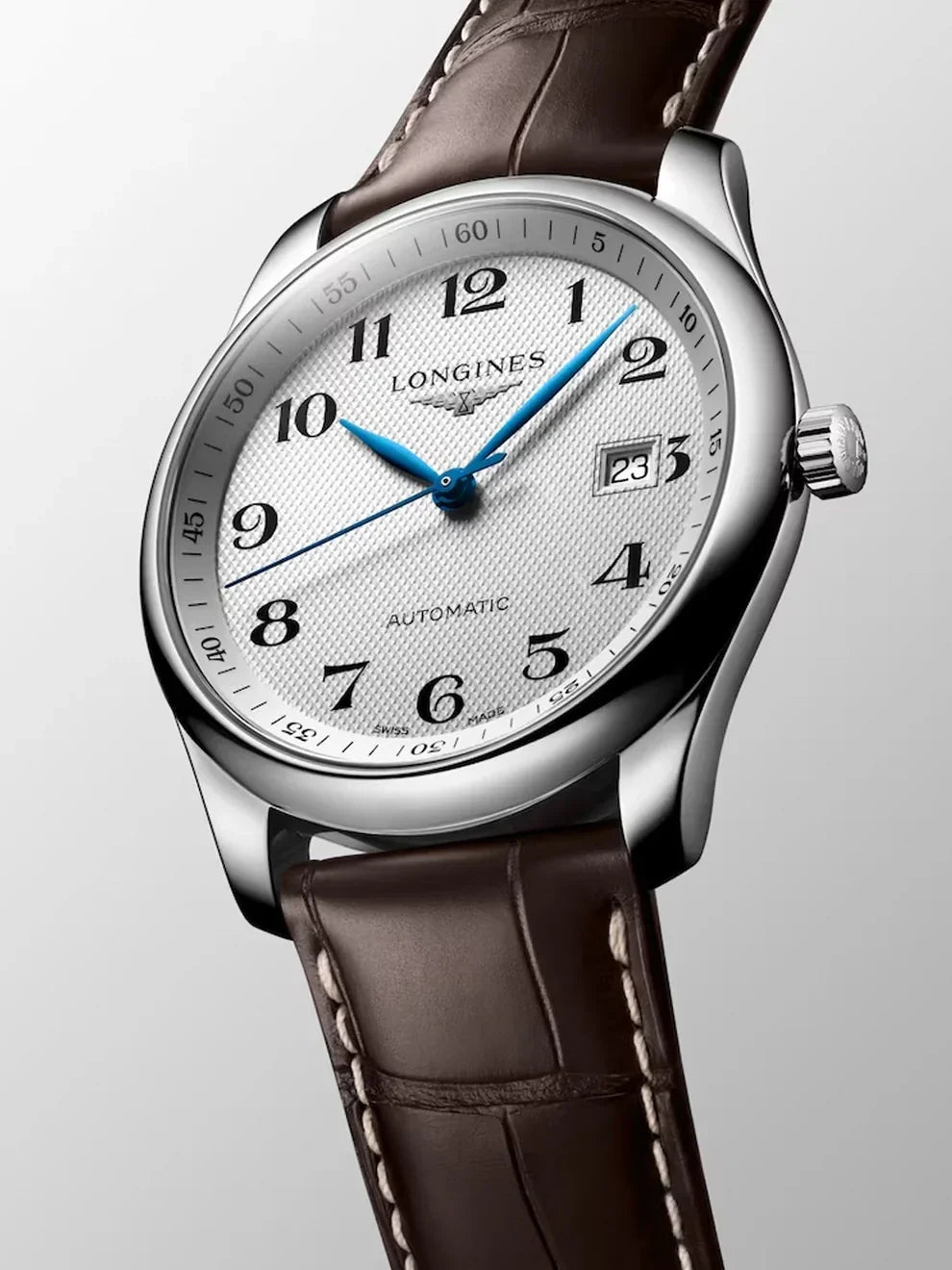 Reloj Longines Master de acero inoxidable con correa de piel de caimán marrón, cristal de zafiro y movimiento automático
