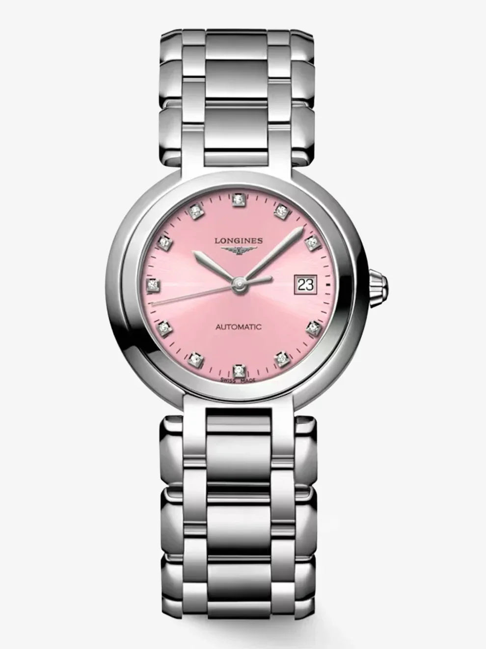 Reloj Longines Primaluna de acero inoxidable con cristal de zafiro, índices de diamantes y movimiento automático