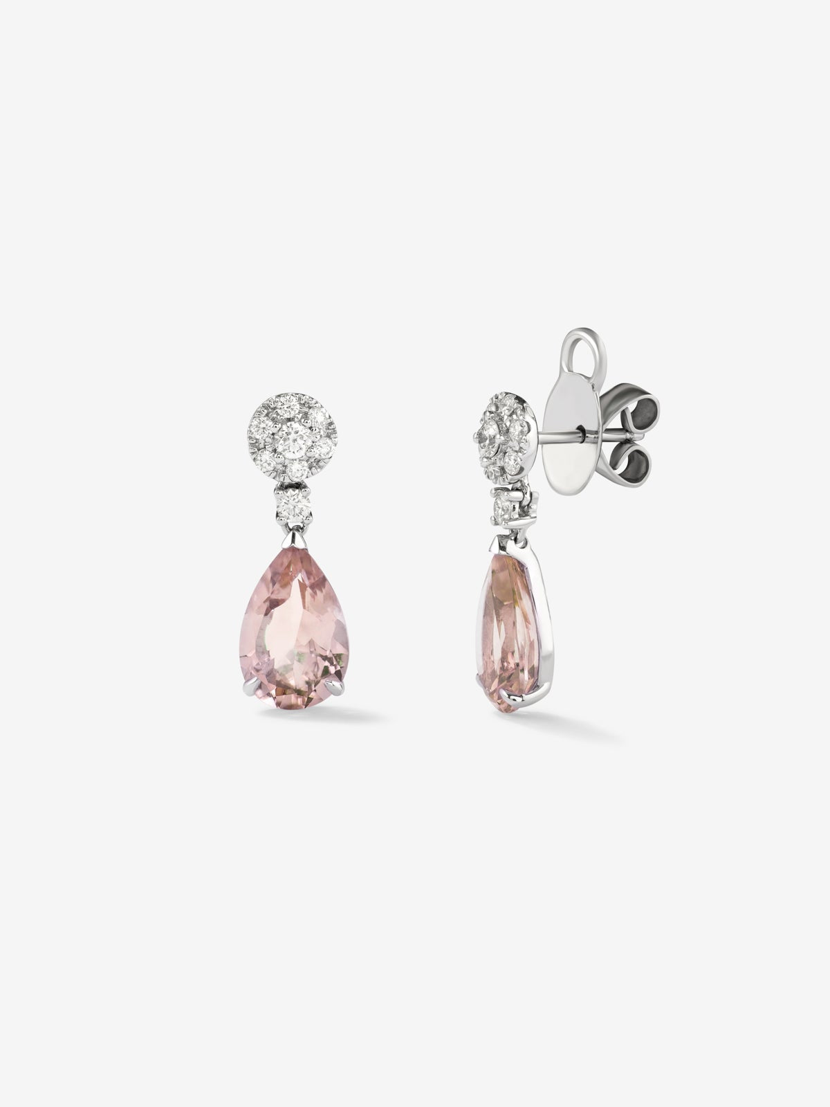 Pendientes de oro blanco de 18K con 2 morganitas en talla pera con un total de 2,42 cts y 16 diamantes en talla brillante con un total de 0,37 cts