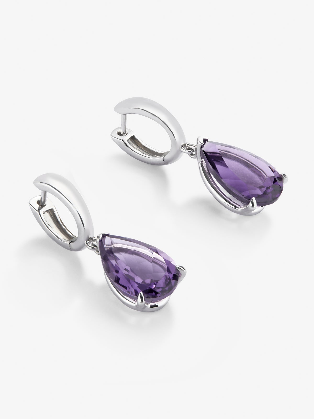 Pendientes de aro de plata 925 con 2 amatistas moradas en talla pera