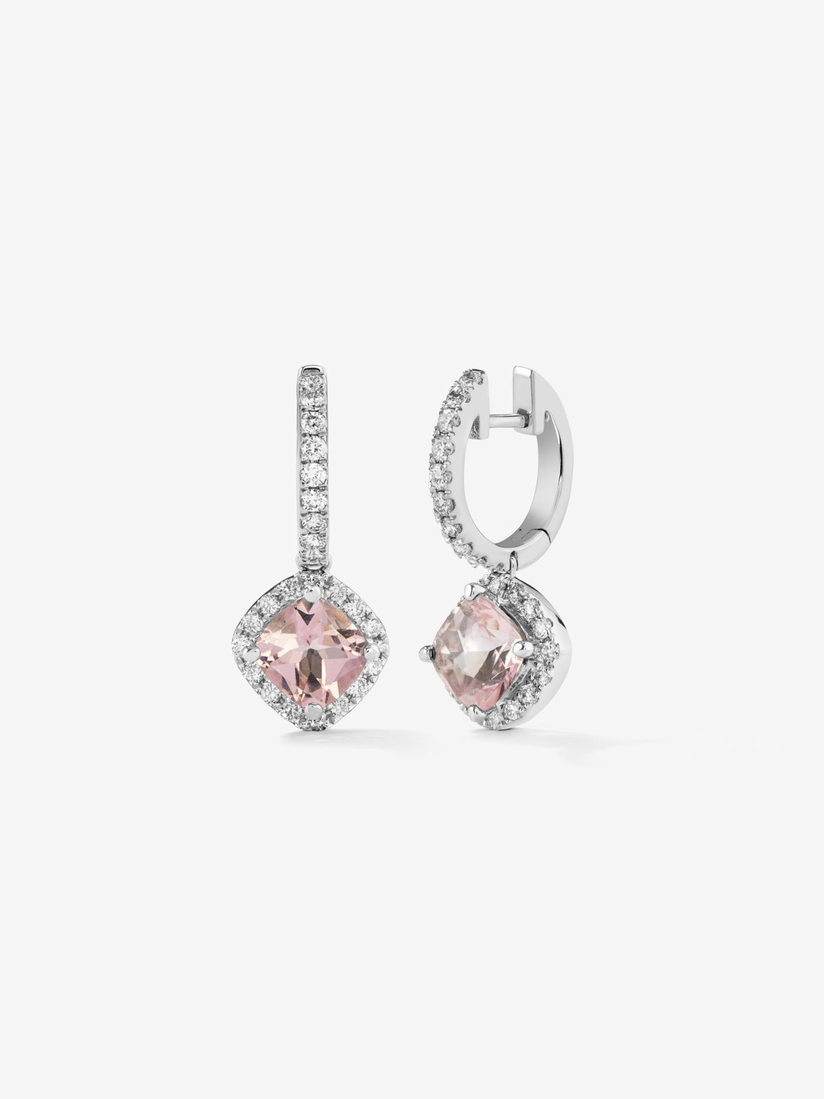 Pendientes de oro blanco con morganitas rosas en talla cushion de 1,78 cts y diamantes en talla brillante