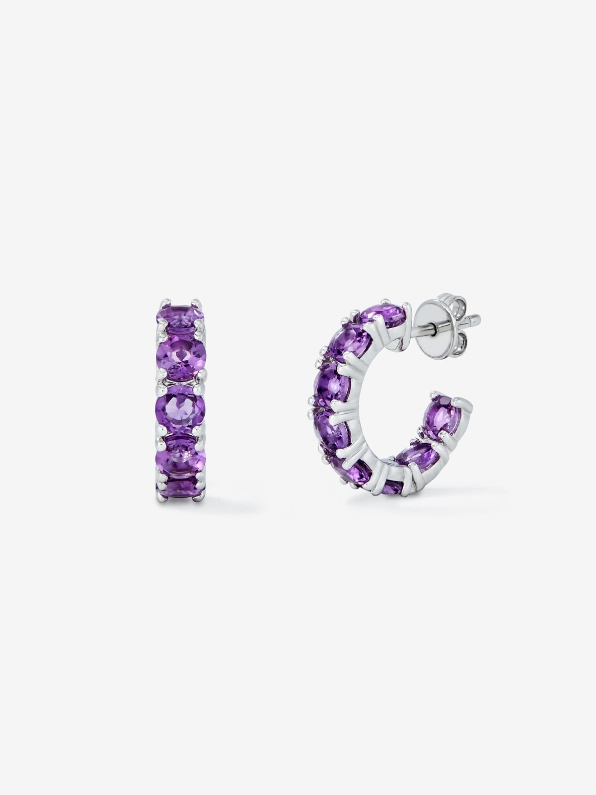 Pendientes de aro de plata 925 con 16 amatistas moradas en talla brillante con un total de 3,36 cts