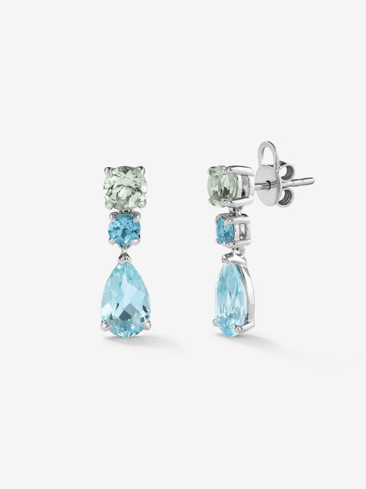Pendientes de plata 925 con topacios azul sky en talla pera de 3,4 cts, topacios azul swiss en talla brillante de 0,57 cts y amatistas verdes en talla brillante de 1,2 cts