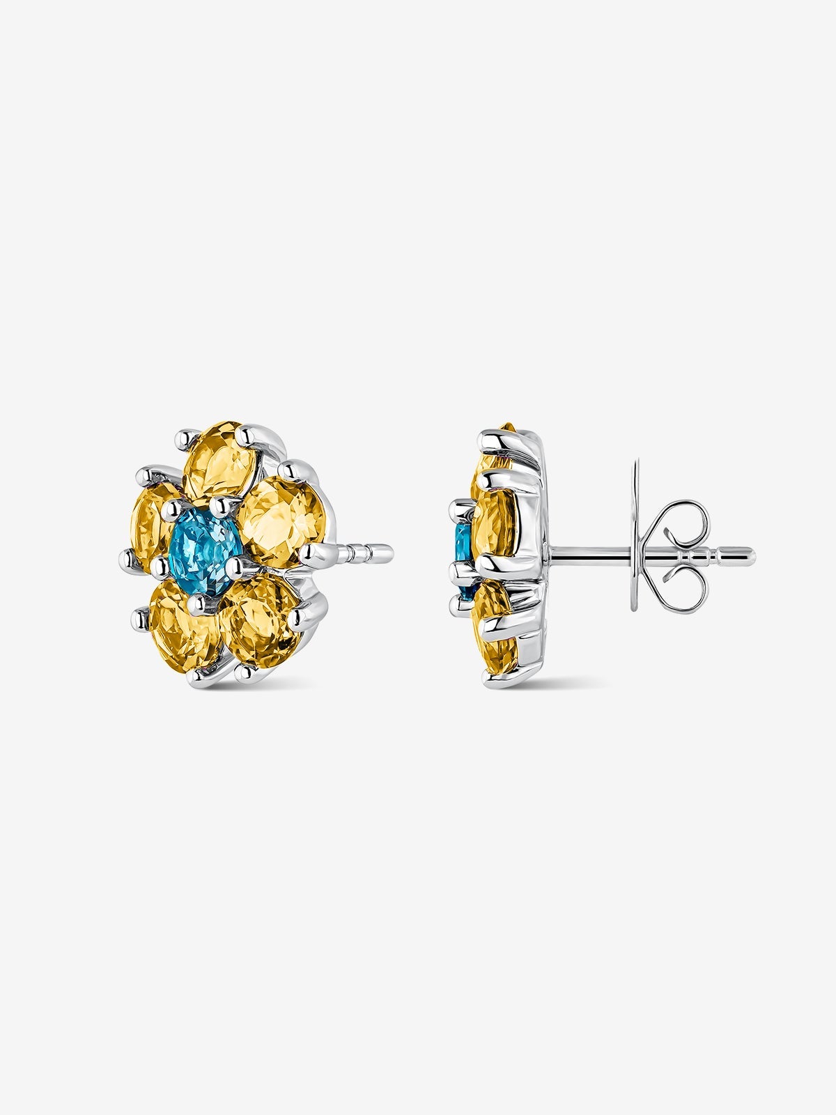 Pendientes de plata 925 con topacios azul swiss en talla brillante de 0,8 cts y cuarzos citrinos en talla brillante de 3,1 cts+