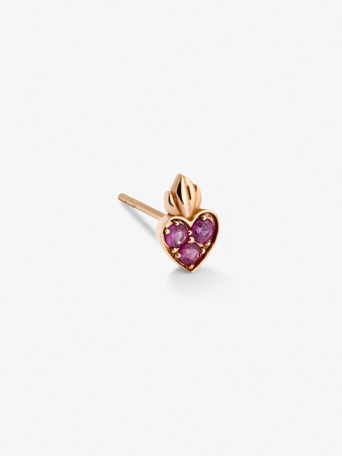 Pendiente individual corazón de oro rosa de 18kt con zafiros rosas de 0,14cts