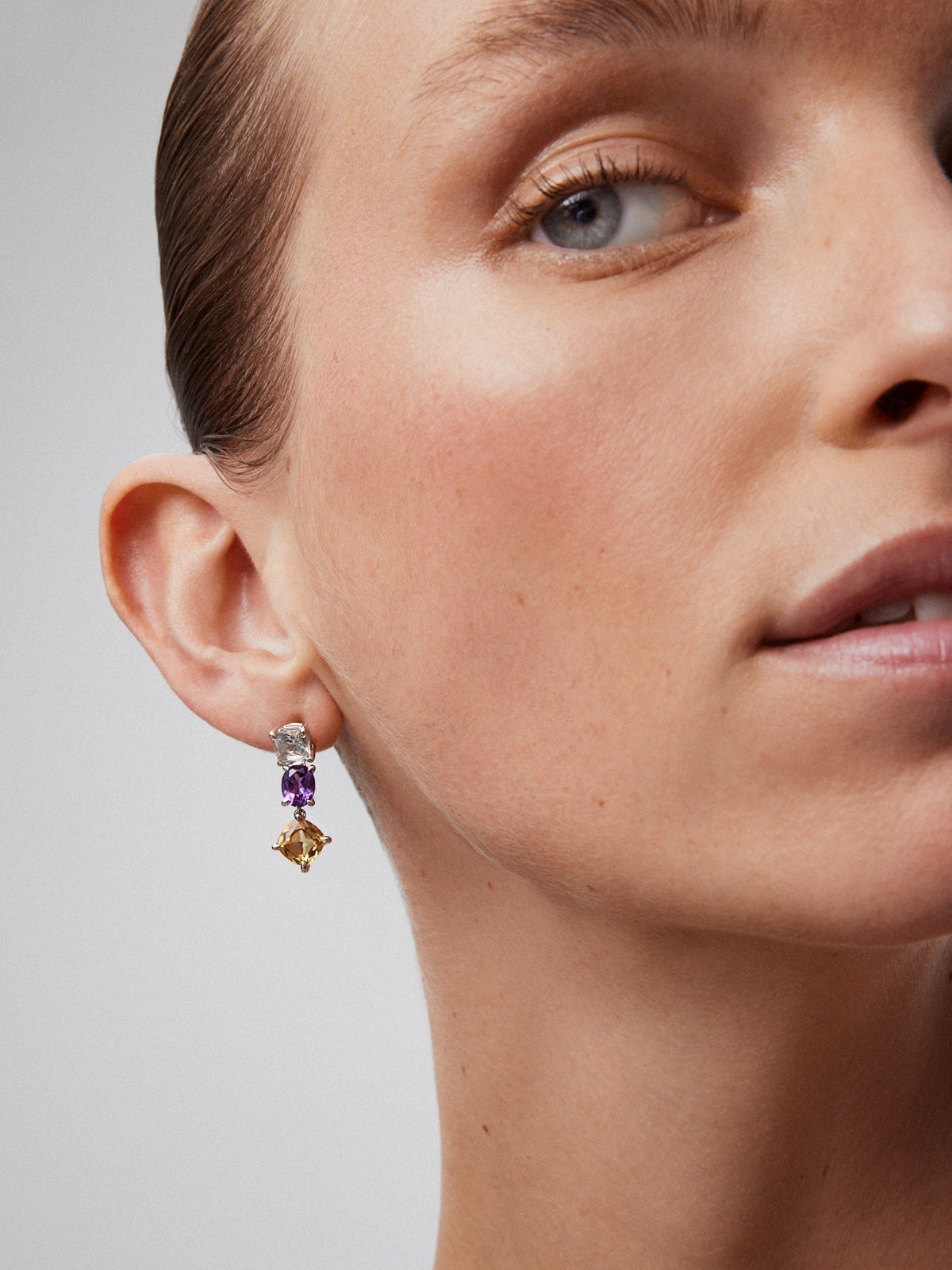 Pendientes largos de plata 925 con amatista verde, morada y citrino