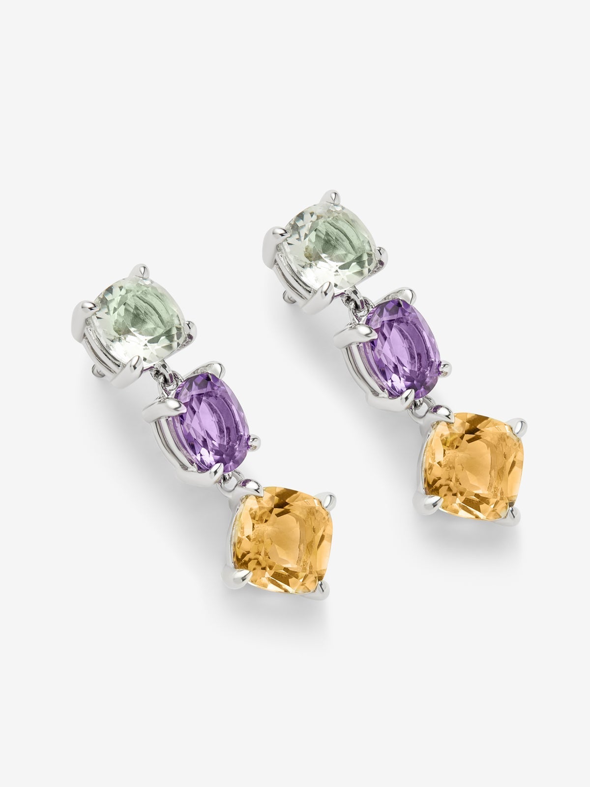 Pendientes largos de plata 925 con amatista verde, morada y citrino