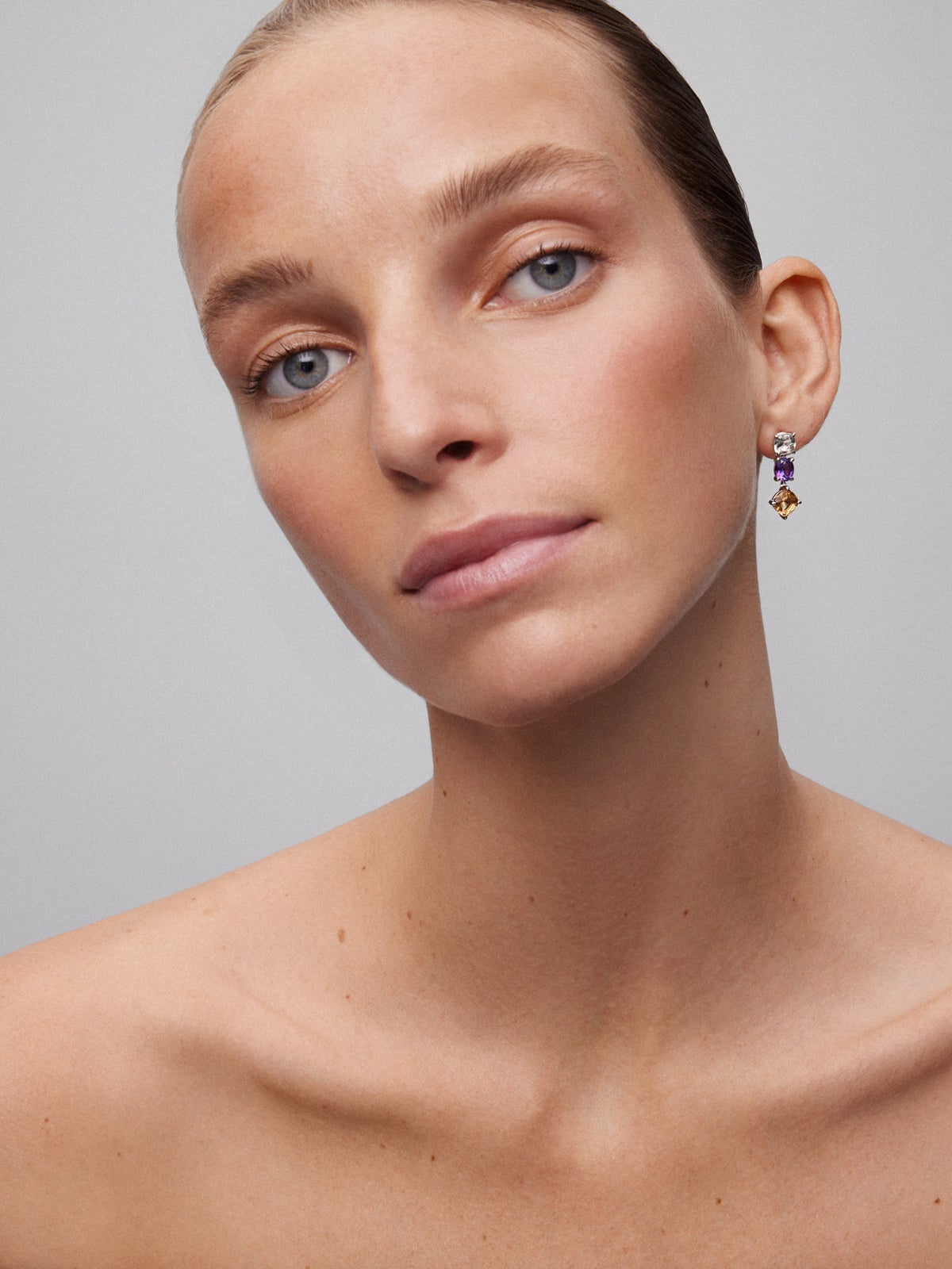 Pendientes largos de plata 925 con amatista verde, morada y citrino