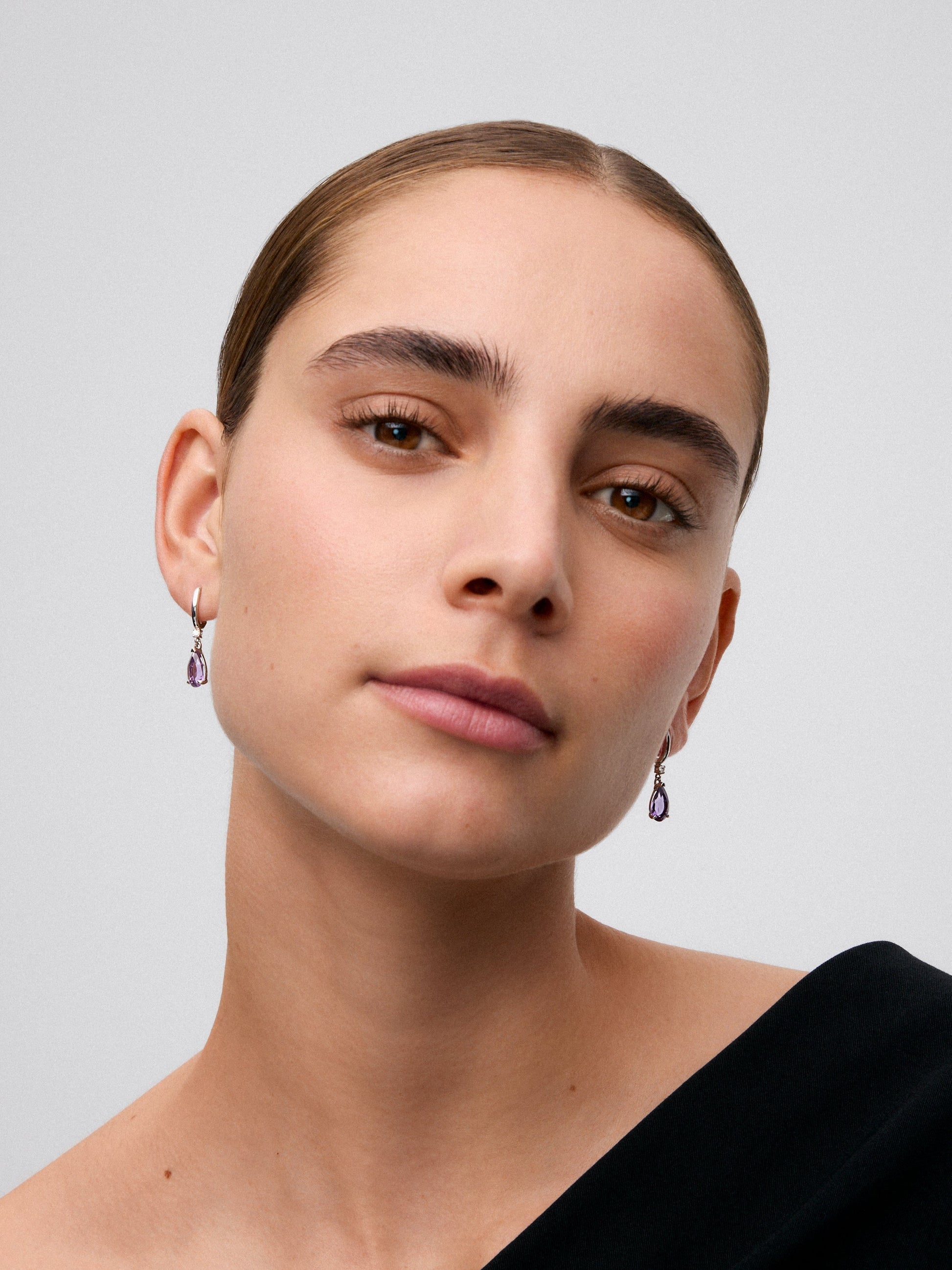 Pendientes aro de plata 925 con amatista y diamante colgante