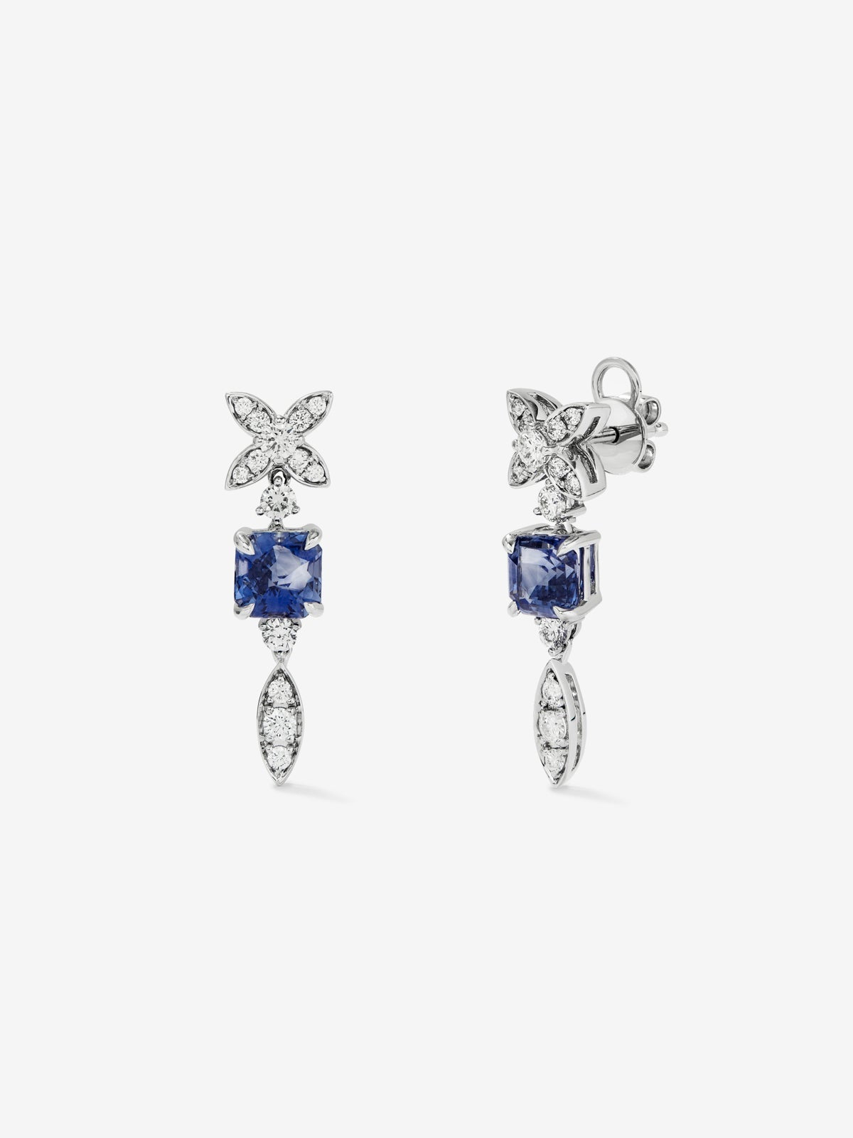 Pendientes de oro blanco de 18K con zafiros azules en talla octogonal de 3,02 cts y diamantes blancos en talla brillante 0,53 cts