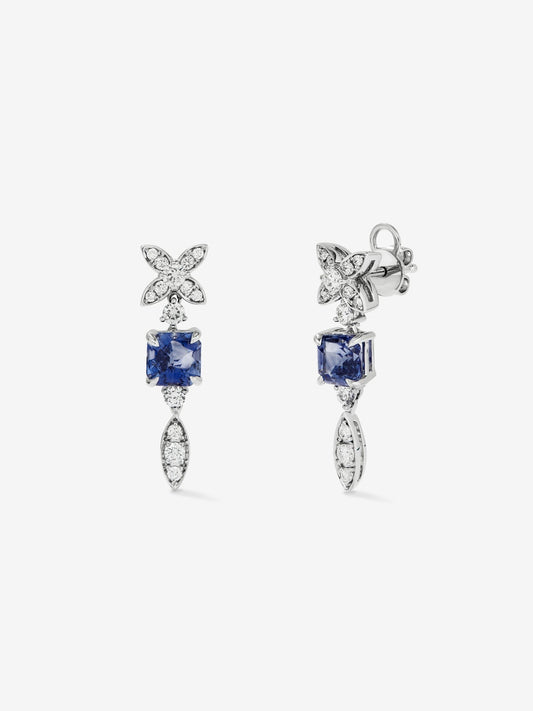Pendientes de oro blanco de 18K con zafiros azules en talla octogonal de 3,02 cts y diamantes blancos en talla brillante 0,53 cts