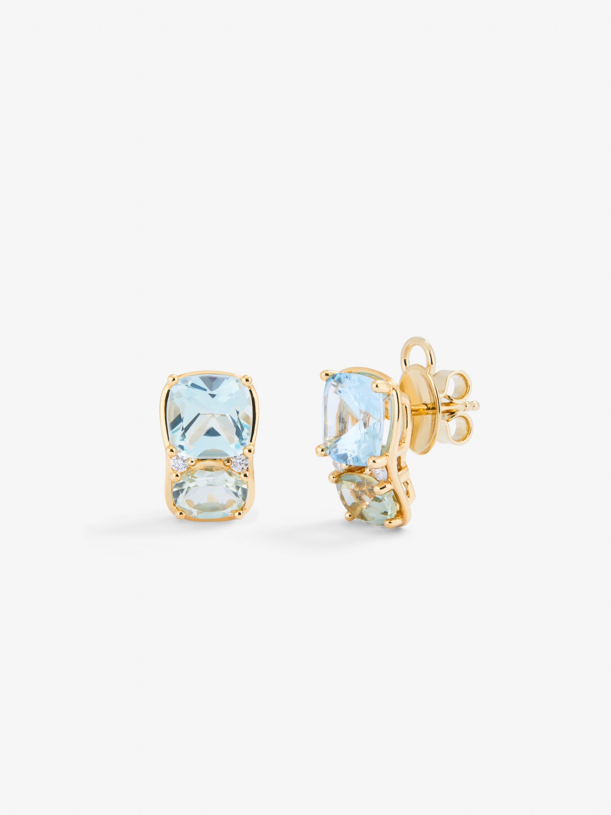 Pendientes de oro amarillo de 18K con topacios azul sky, amatistas verdes y diamantes en talla brillante