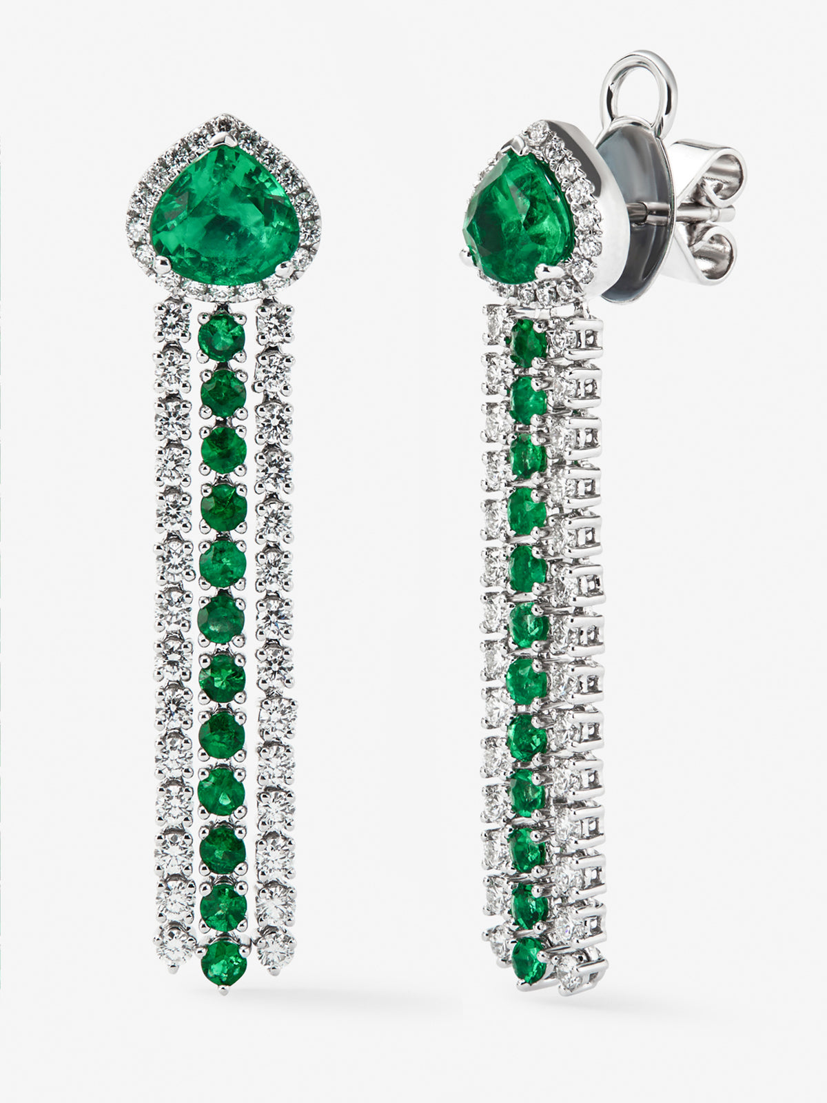 18K white gold hoop earrings with 2 pear-cut emeralds with a total of 1.68 cts, 24 brilliant-cut emeralds with a total of 0.76 cts and 92 brilliant-cut diamonds with a total of 1.13 cts