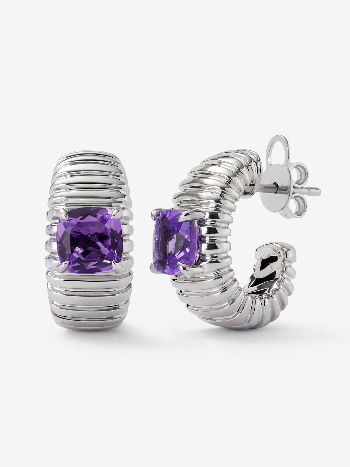 Pendientes gallonados de plata 925 con amatista morada