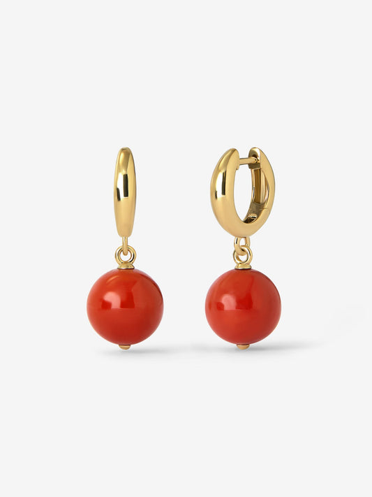 Pendientes de aro en oro amarillo de 18K con esferas de coral de 10,5 mm