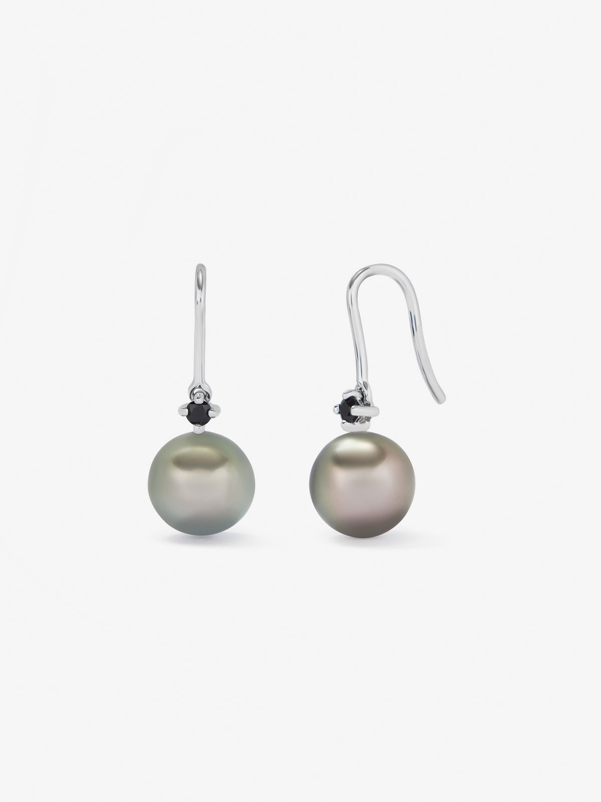 Pendientes de aro de plata 925 con 2 espinelas negras y 2 perlas de Tahití de 8,5mm