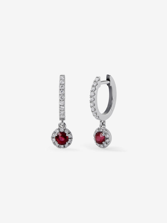 18K white gold hoop earrings with 2 brilliant-cut red rubies totaling 0.73 cts and 38 brilliant-cut diamonds totaling 0.3 cts
