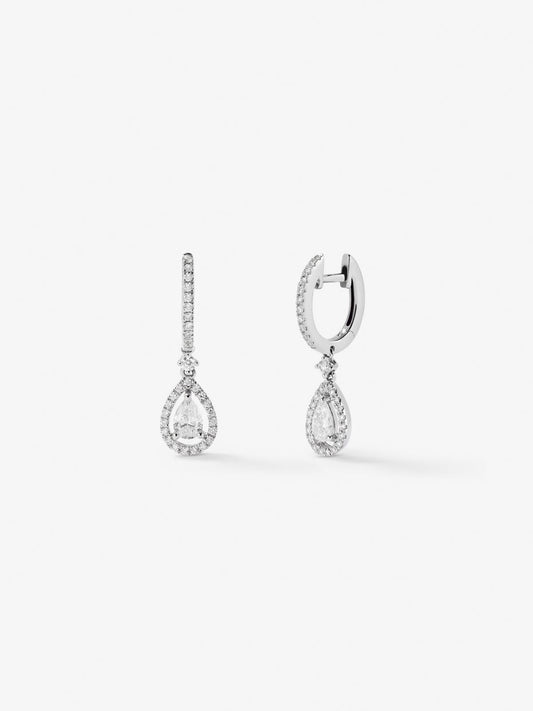 Pendientes de aro de oro blanco de 18K con diamantes en talla pera y orla de diamantes en talla brillante