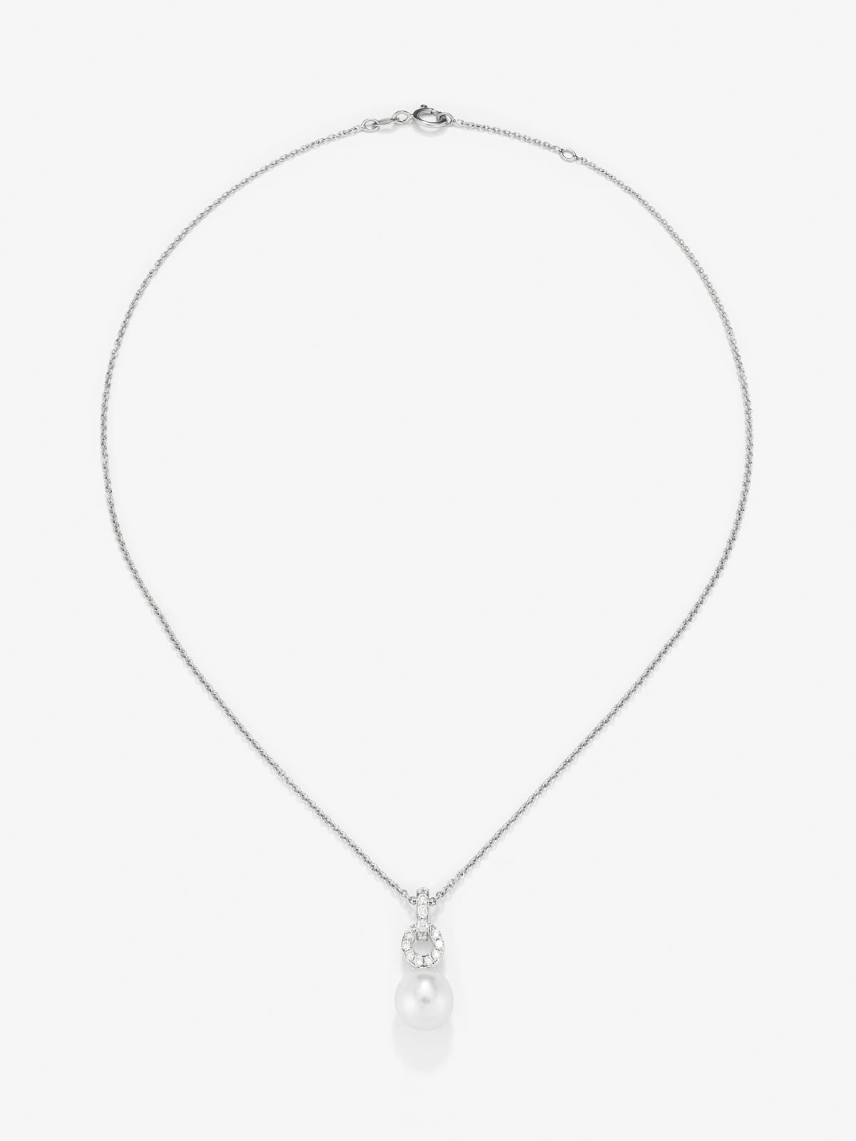 Colgante de cadena de oro blanco de 18k con aro en diamante y perla australiana de 9,5 mm