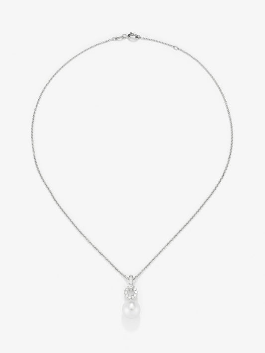 Colgante de cadena de oro blanco de 18k con aro en diamante y perla australiana de 9,5 mm
