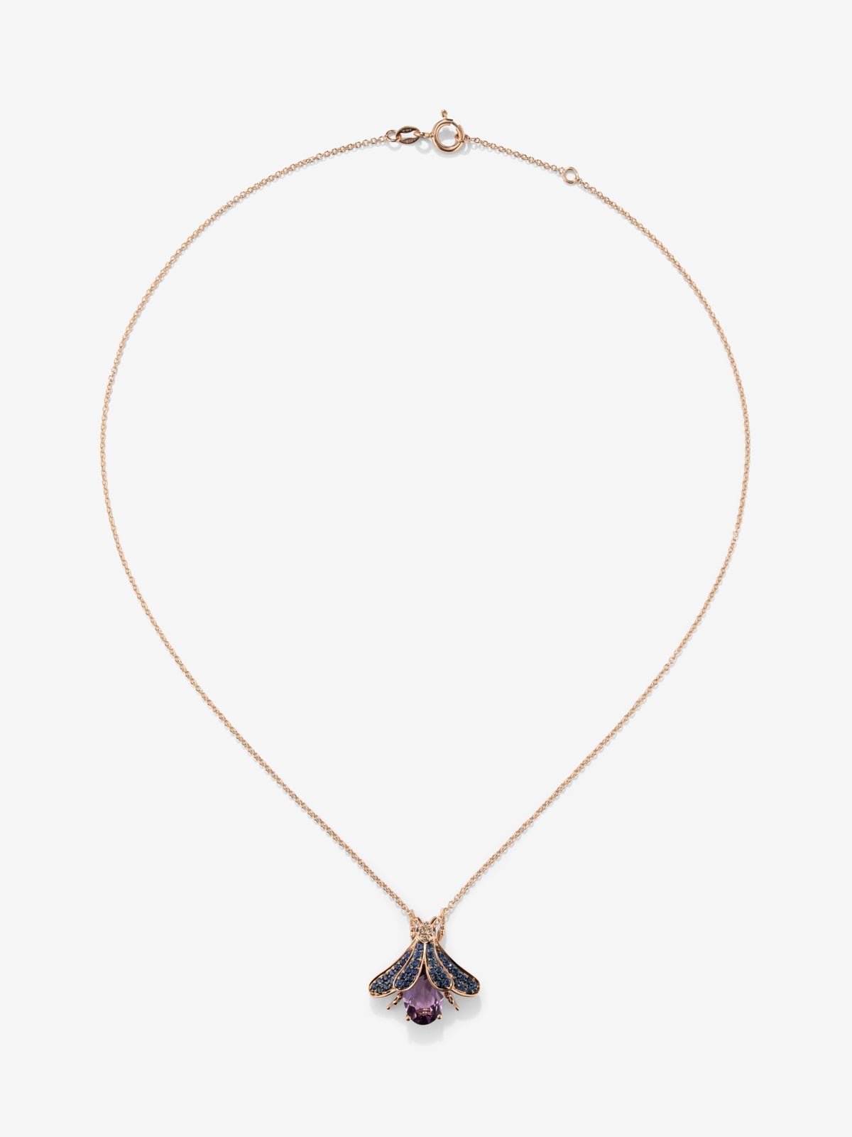 Colgante cadena insecto de oro rosa de 18K con amatista y zafiro