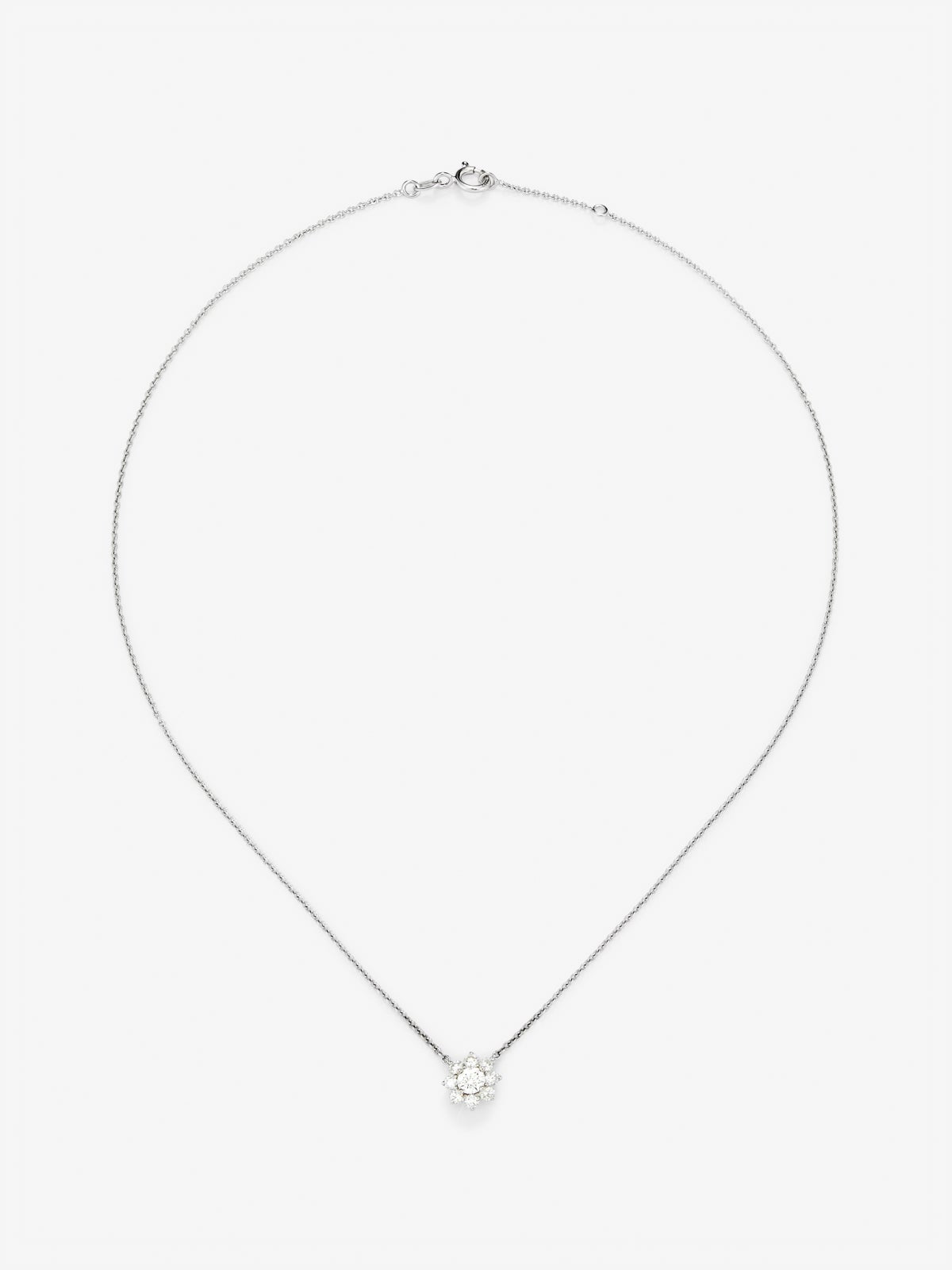 Colgante cadena flor de oro blanco de 18K con diamantes solitario y orla de diamantes