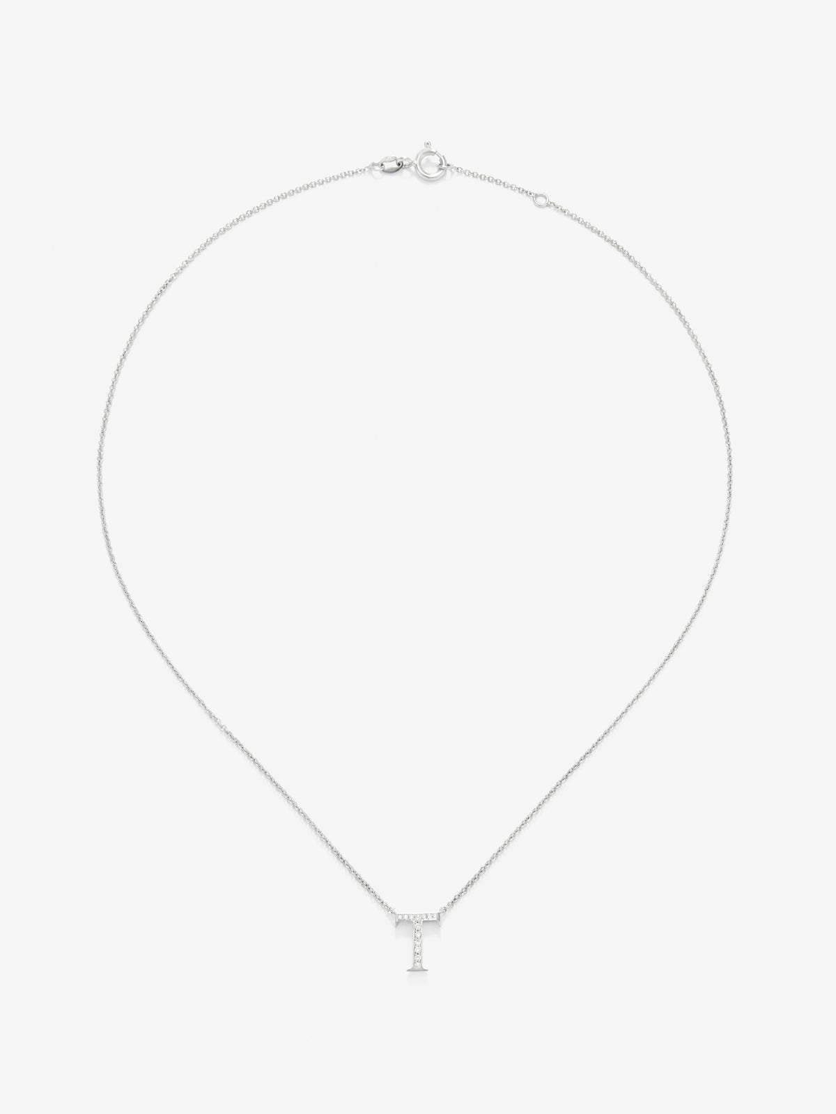 Colgante de oro blanco de 18K con letra T y diamantes blancos en talla brillante