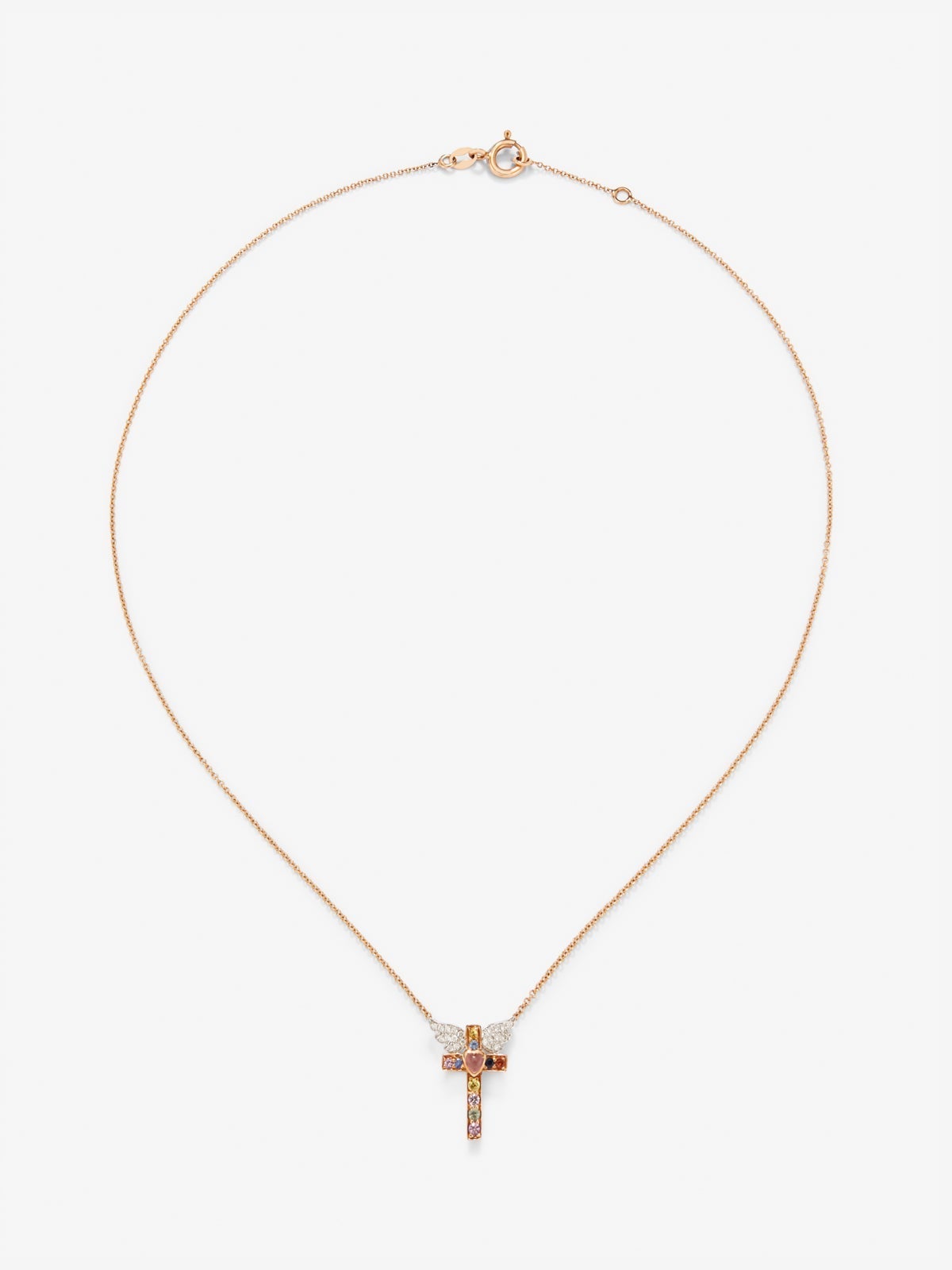 Colgante cadena cruz de oro rosa de 18K con zafiro y diamante