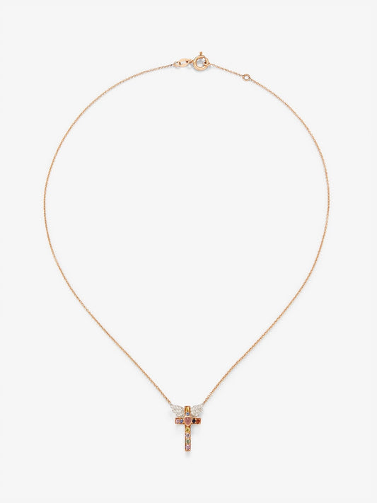 Colgante cadena cruz de oro rosa de 18K con zafiro y diamante