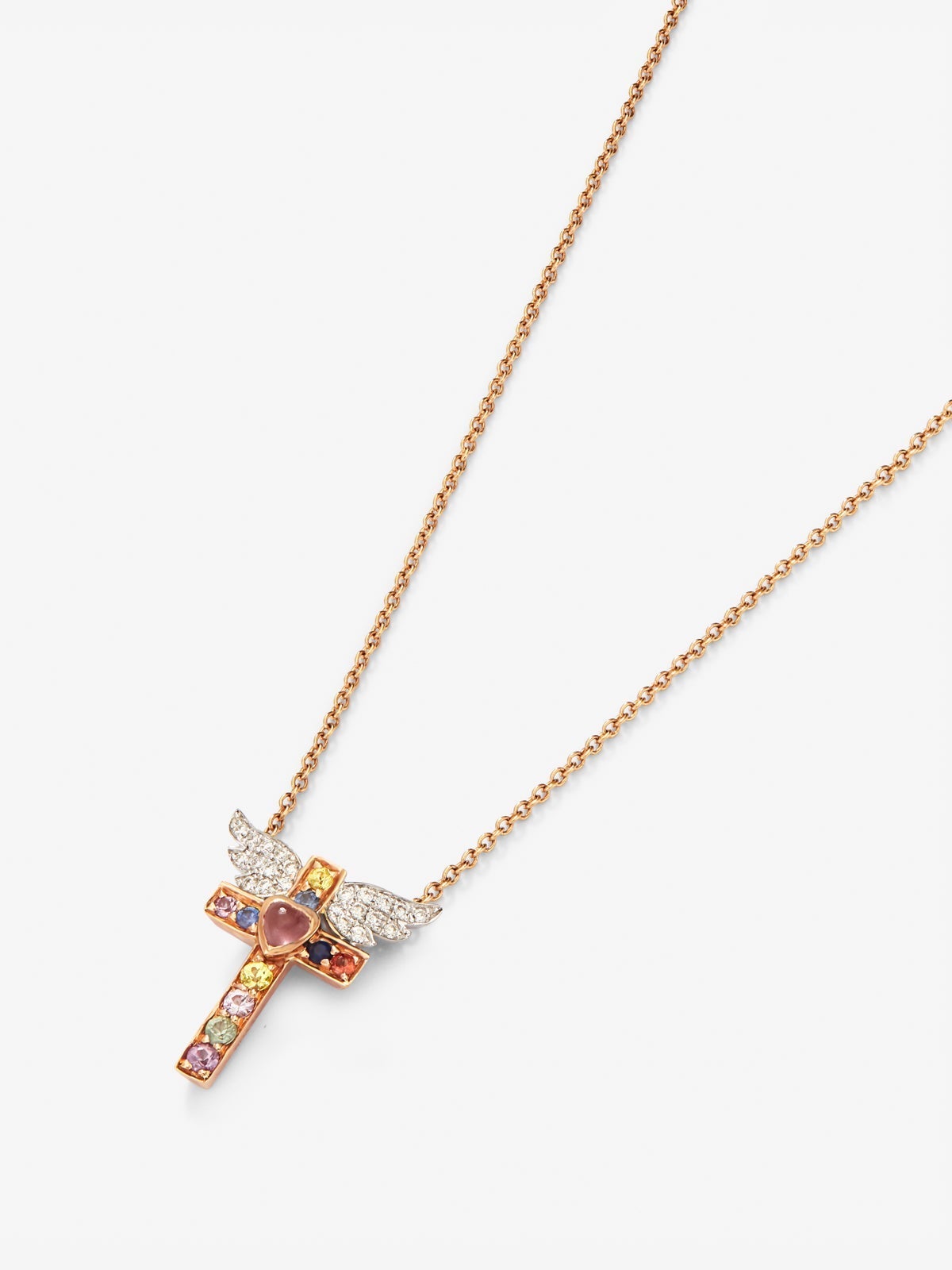 Colgante cadena cruz de oro rosa de 18K con zafiro y diamante