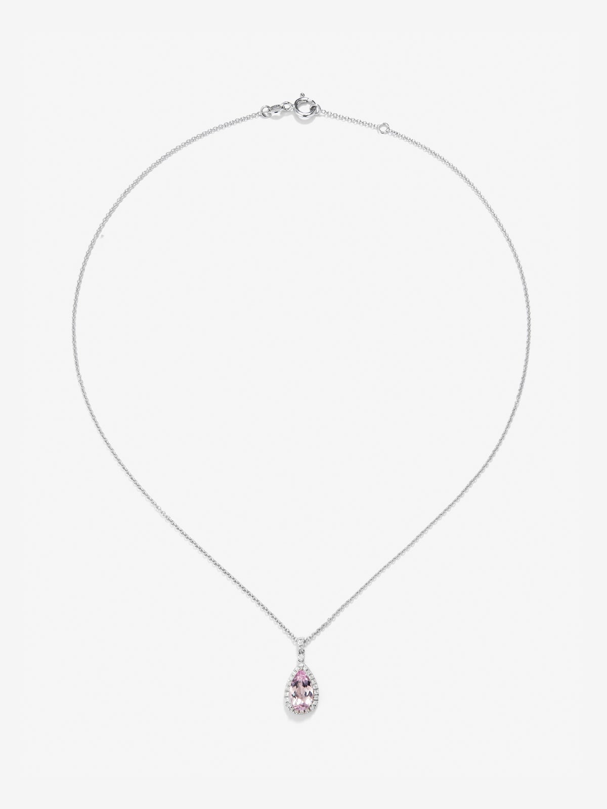 Colgante de oro blanco de 18K con morganita rosa en talla pera de 1,44 y 29 diamantes en talla brillante con un total de 0,19 cts